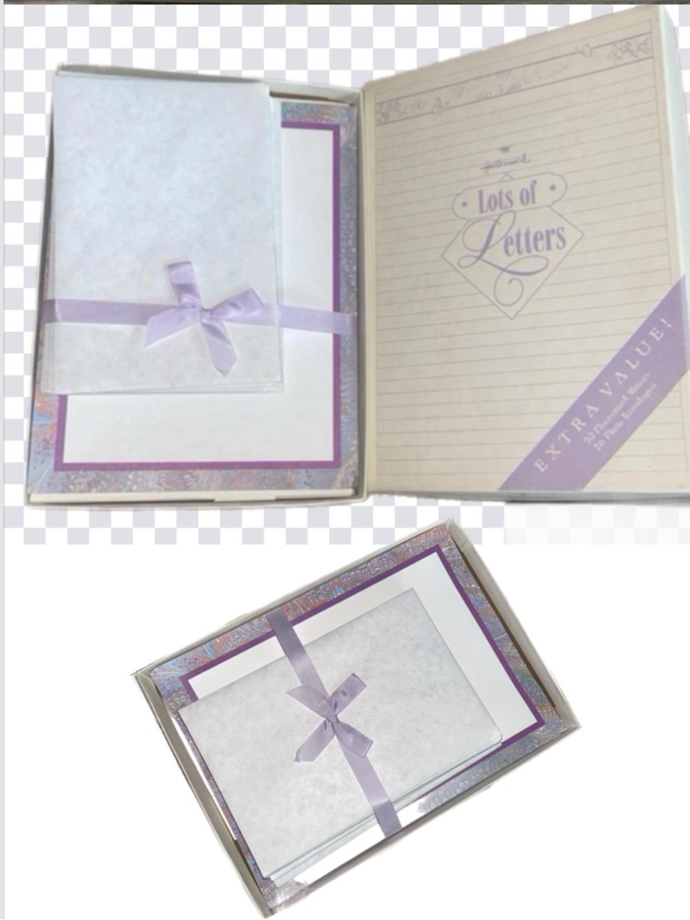 Vtg. Hallmark boxed Lavender Lined Stationery Set. 50 Sheets & 26 Envelopes